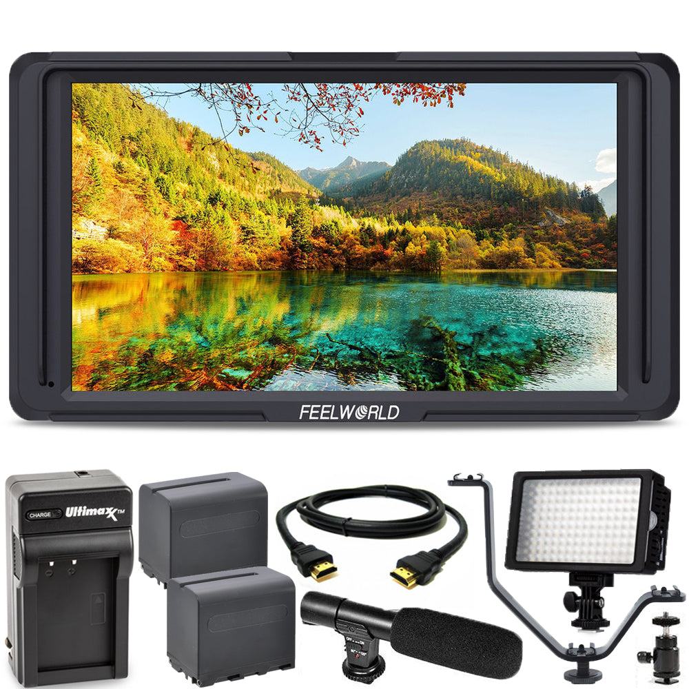 FeelWorld F5 5.0" Full HD HDMI On-Camera Monitor + EXT BATT + LED Light Bundle