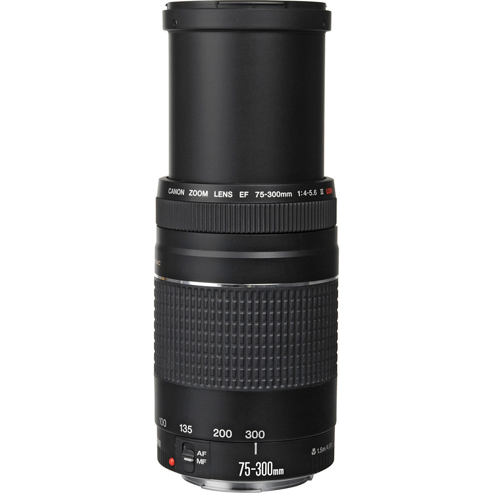 Canon EF 75–300 mm f/4–5,6 III Objektiv (schwarz), weiße Box, 12-teiliges Zubehörpaket