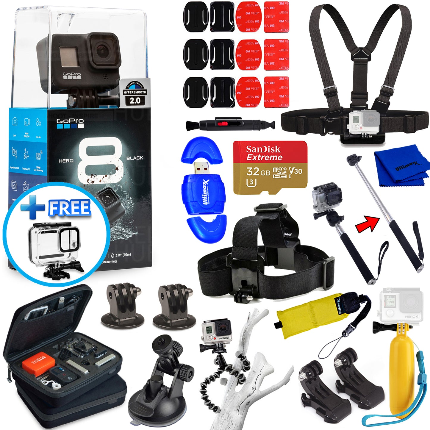 GoPro HERO8 HERO 8 Schwarz – All-in-1-PRO-ZUBEHÖR-KIT + 32 GB + Stativ und mehr