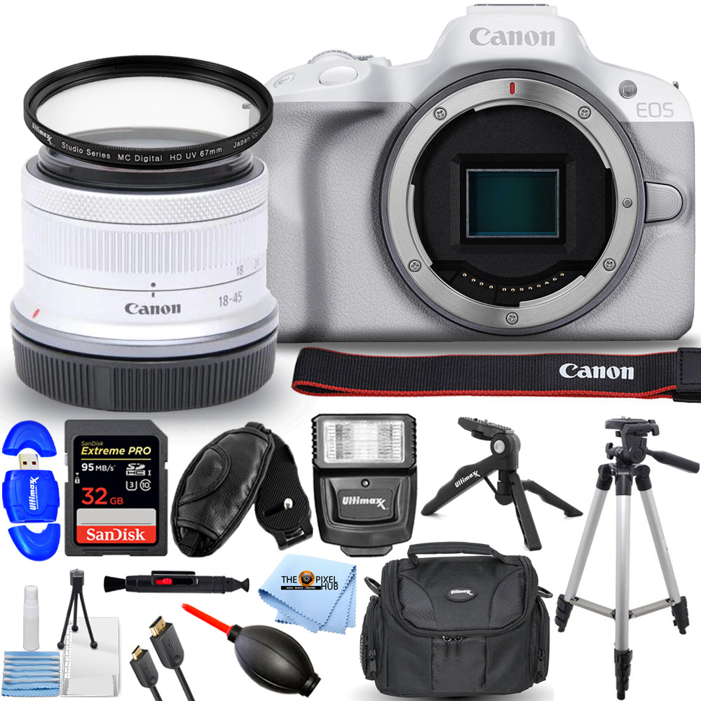 Canon EOS R50 spiegellose Kamera mit 18-45-mm-Objektiv (weiß) 5812C012 – 14-teiliges Paket