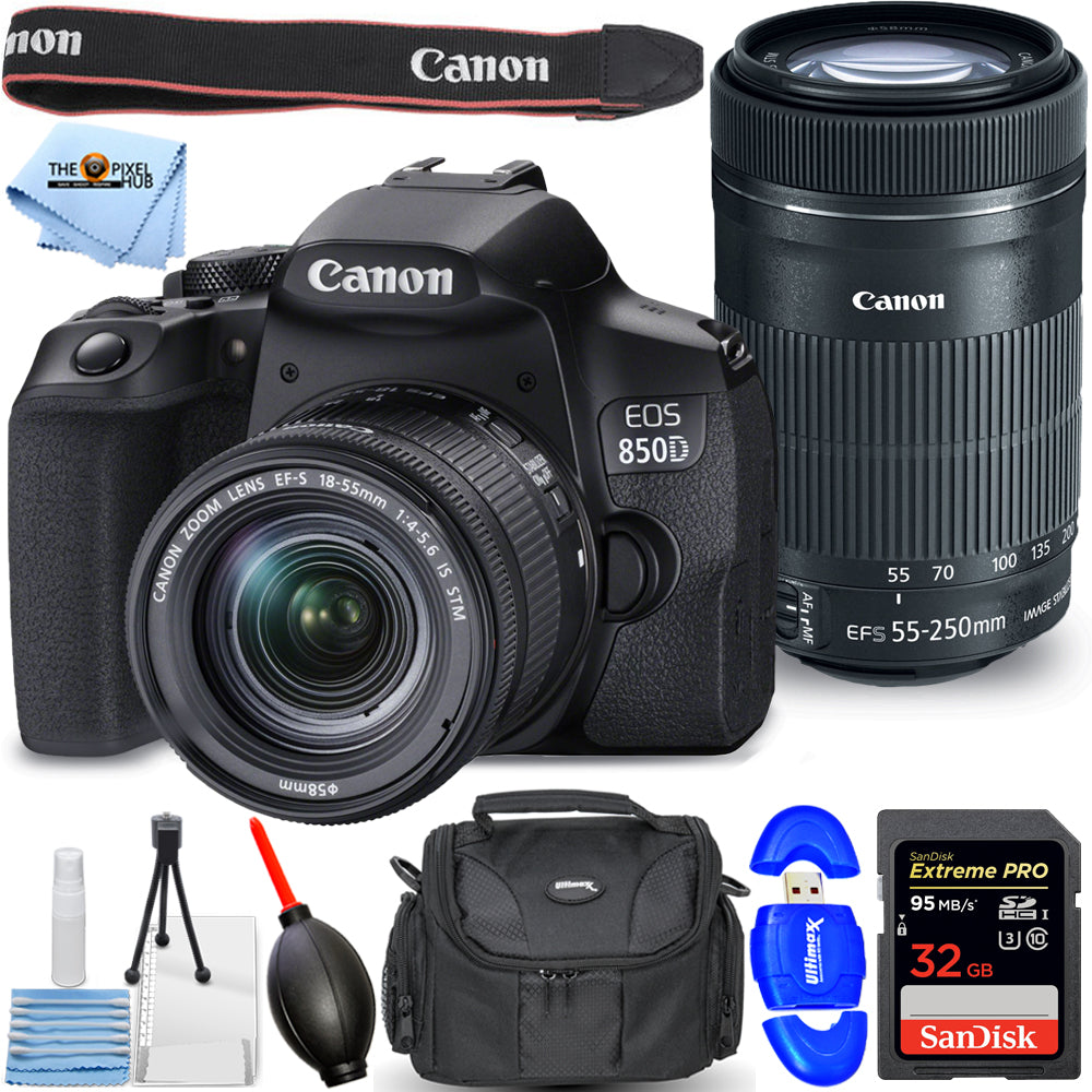 Canon EOS 850D DSLR mit 18-55 mm + 55-250 mm + 32 GB Bundle