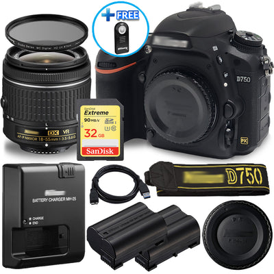 Nikon D750 DSLR-Kamera mit 18-55 mm VR-Objektiv + EXT BATT + 32 GB SD + UV-Filter