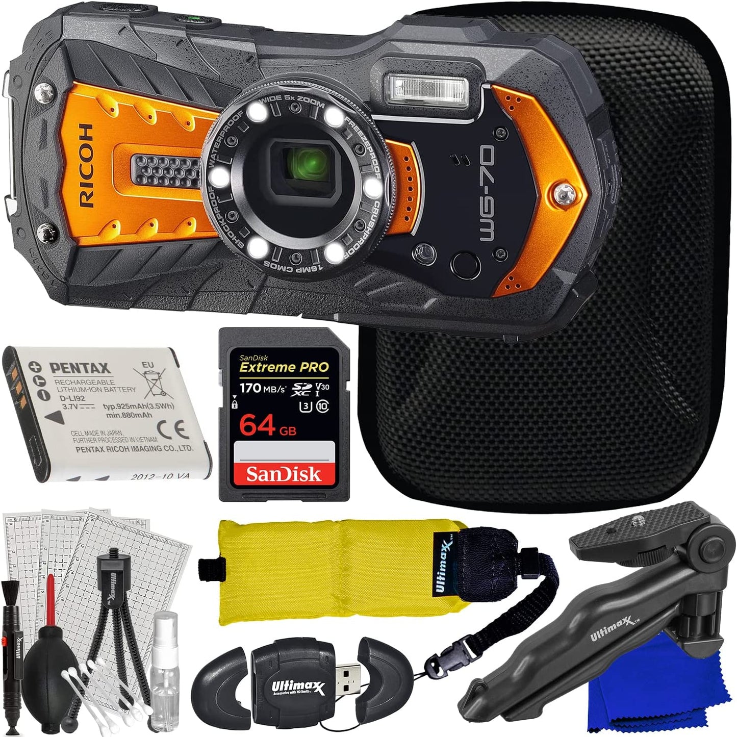 Ricoh WG-70 Digitalkamera (Orange) 03873 - 8-teiliges Zubehörpaket