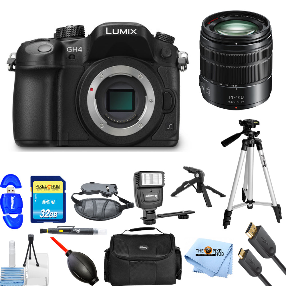 Panasonic Lumix DMC-GH4 spiegellose Micro Four Thirds-Digitalkamera mit 14-140-mm-Objektiv, Bundle 1