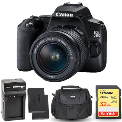 Canon EOS 250D/Rebel SL3 mit 18-55 mm III-Objektiv + Zusatzakku 32 GB im Kofferpaket