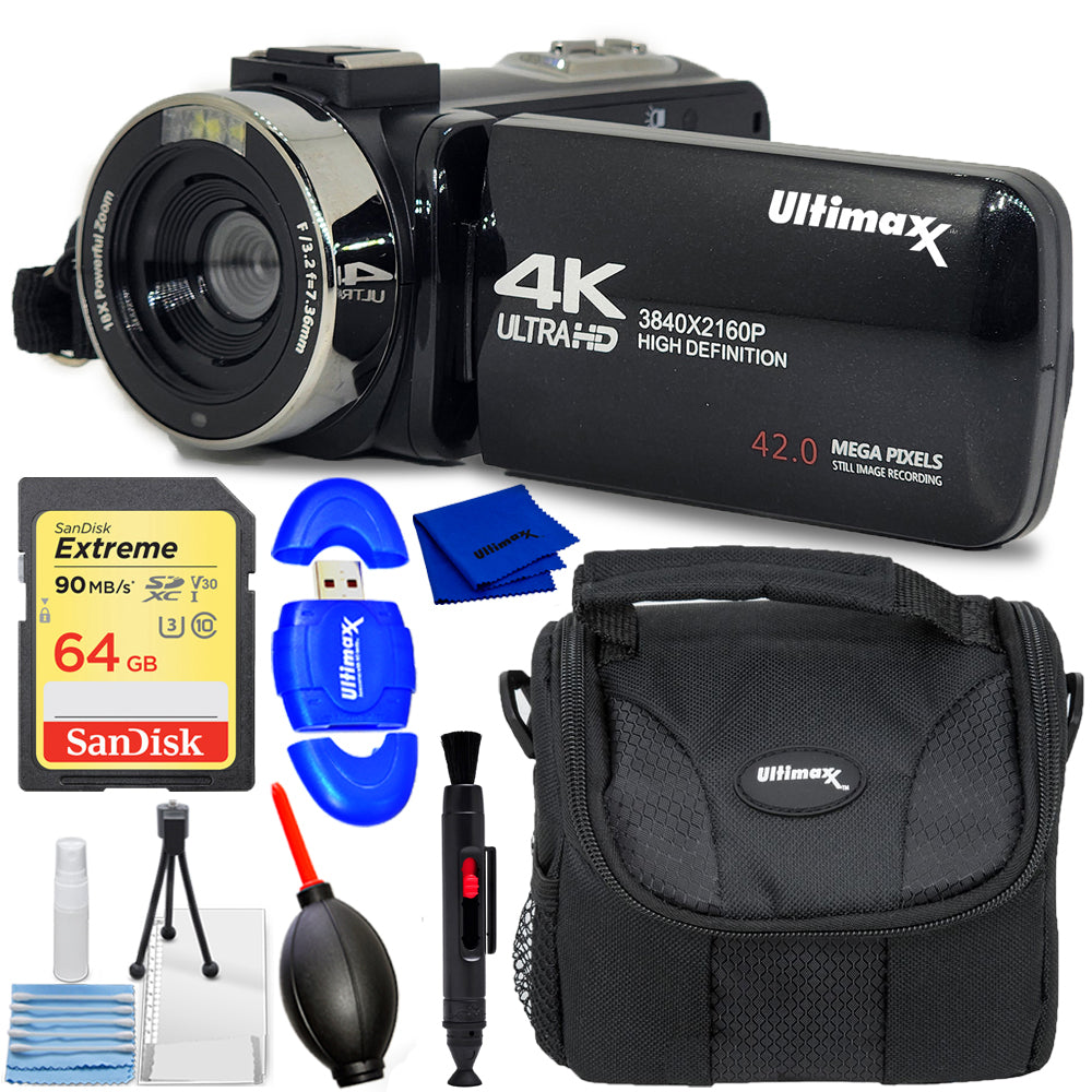 Ultimaxx 4K Ultra HD Camcorder Video-Vlogging-Kamera mit LED-Licht 42 MP, 18-facher Digitalzoom mit Fernbedienung 3,0-Zoll-LCD-Bildschirm Weihnachtsgeschenkset