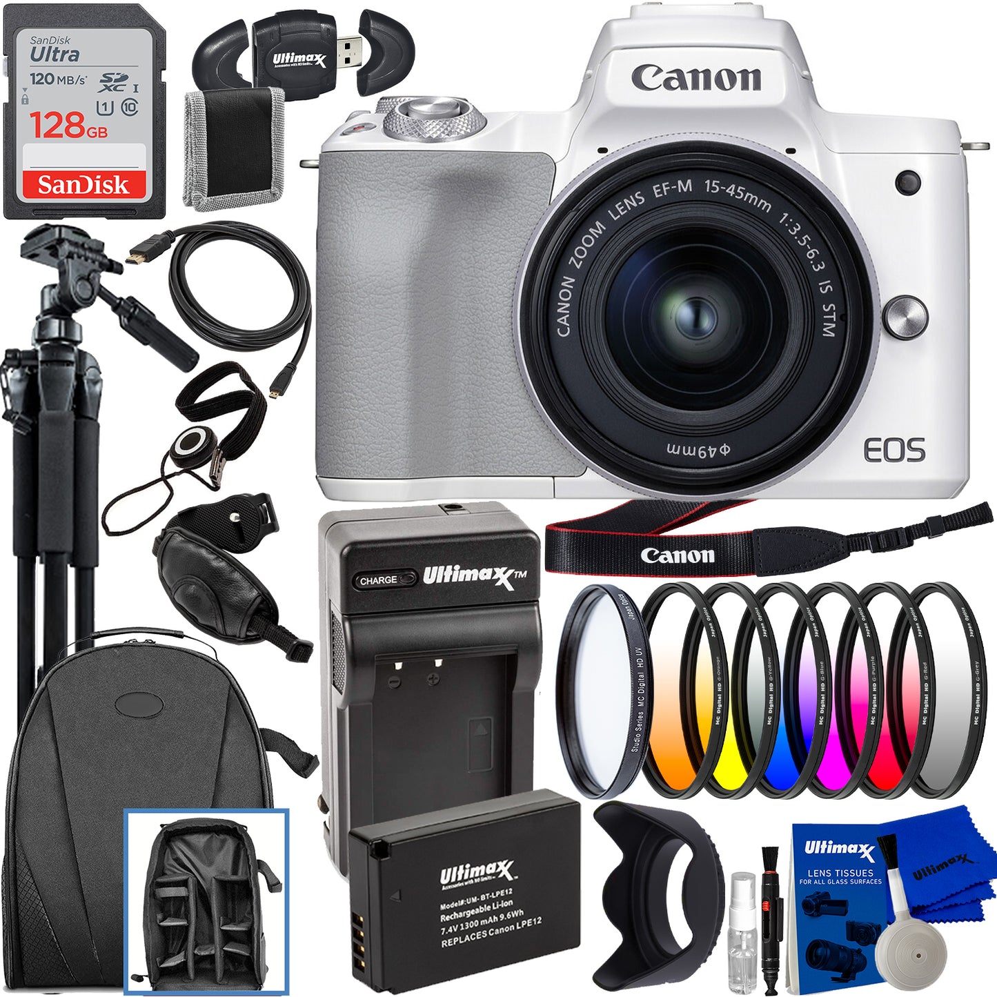 Canon EOS M50 Mark II spiegellose Kamera mit 15-45-mm-Objektiv (weiß) – 18-teiliges Paket