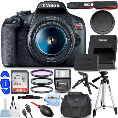 Canon EOS Rebel T7 DSLR-Kamera mit 18-55-mm-Objektiv + 32 GB + Blitz + Stativpaket