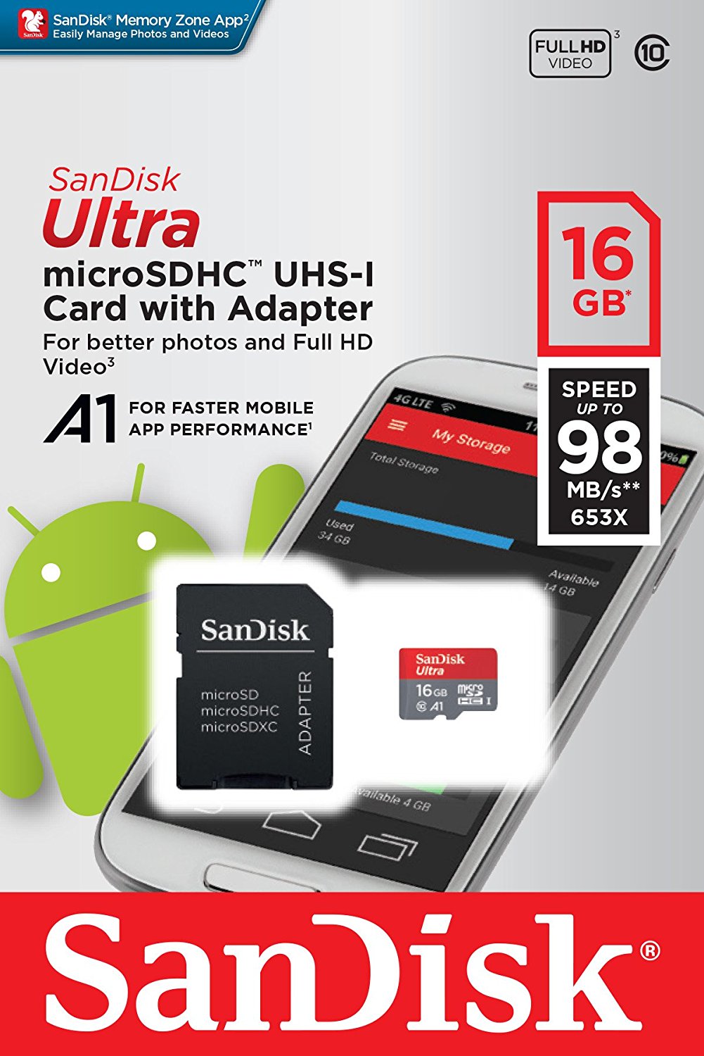 SanDisk Ultra 16 GB Micro SDHC UHS-I-Karte, 98 MB/s, U1 A1 – SDSQUAR-016G-GN6MA