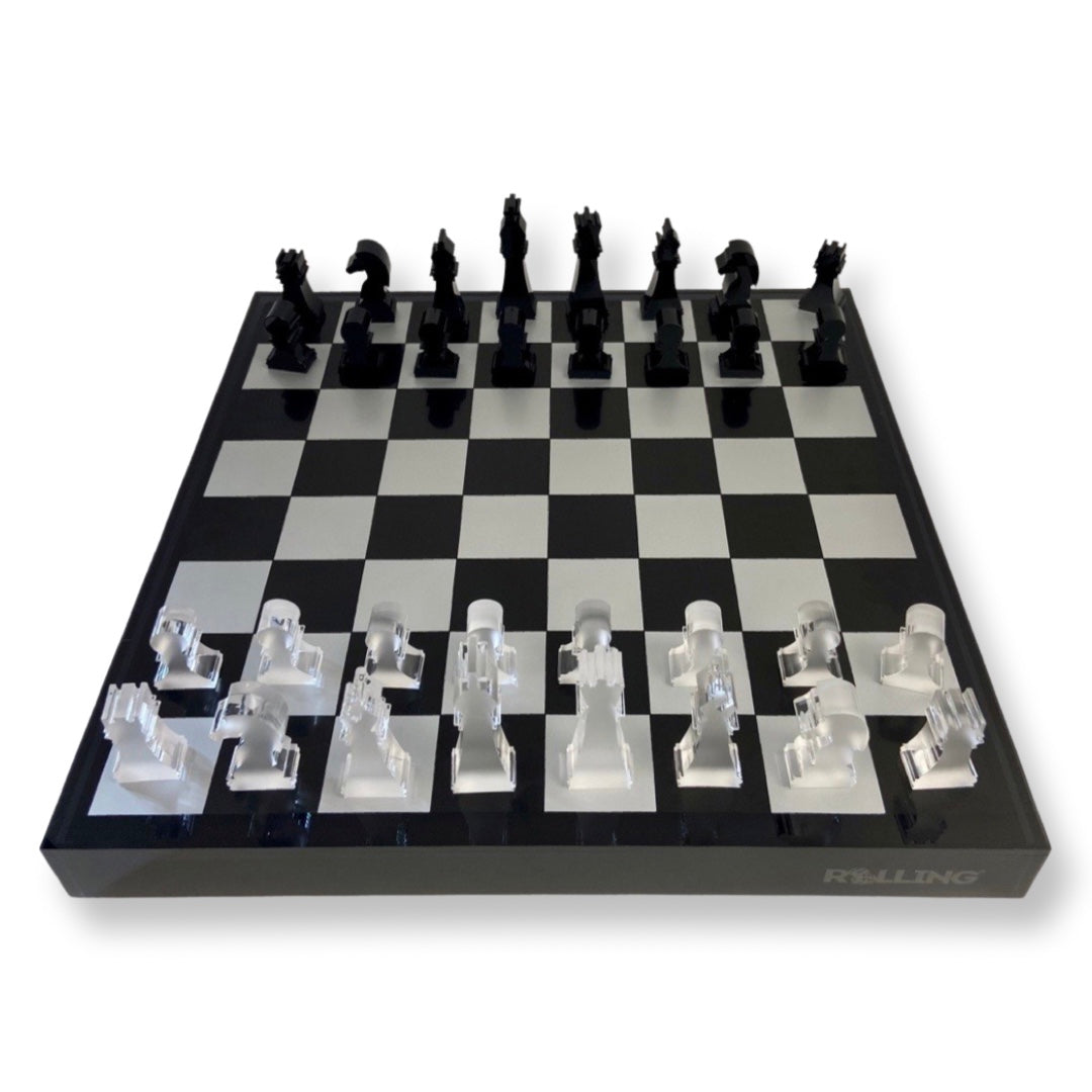 Lucite Acryl Schach + Dame Premium Set - Groß 17,5" (Schwarz/Silber)
