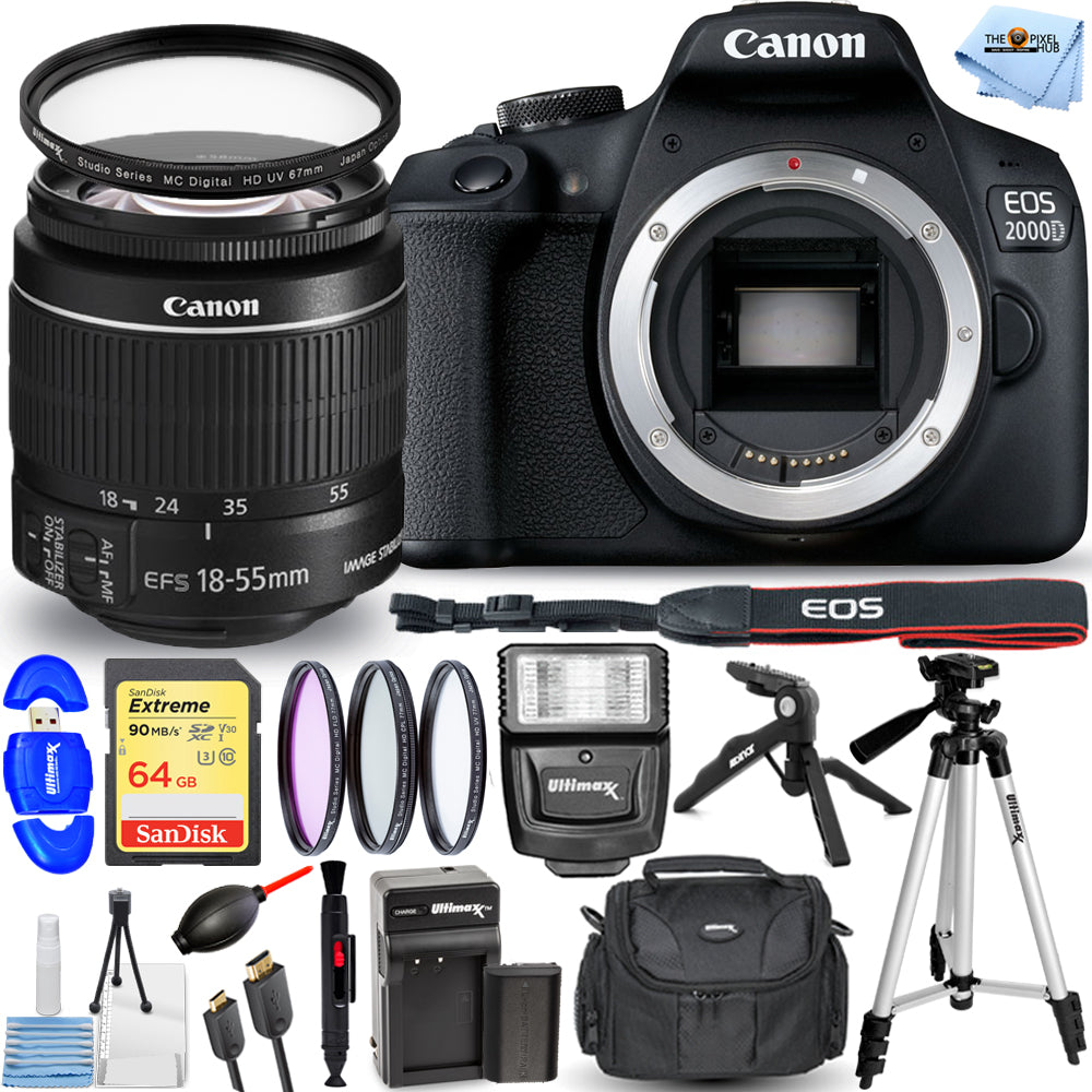 Canon EOS 2000D / Rebel T7 mit 18-55 mm IS II-Objektiv + EXT BATT + 64 GB-Paket