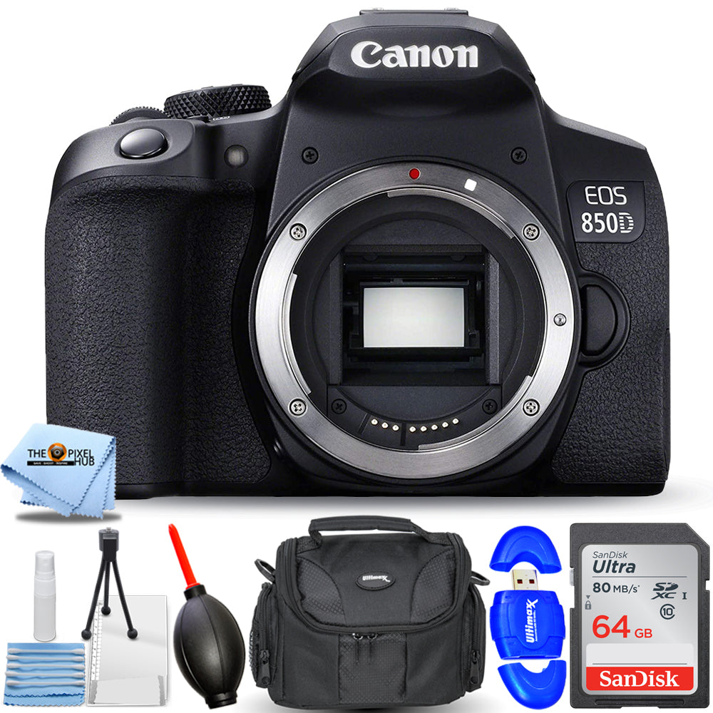 Canon EOS 850D / T8i / Kiss X10i DSLR-Kamera (nur Gehäuse) + 64 GB + Gehäusepaket