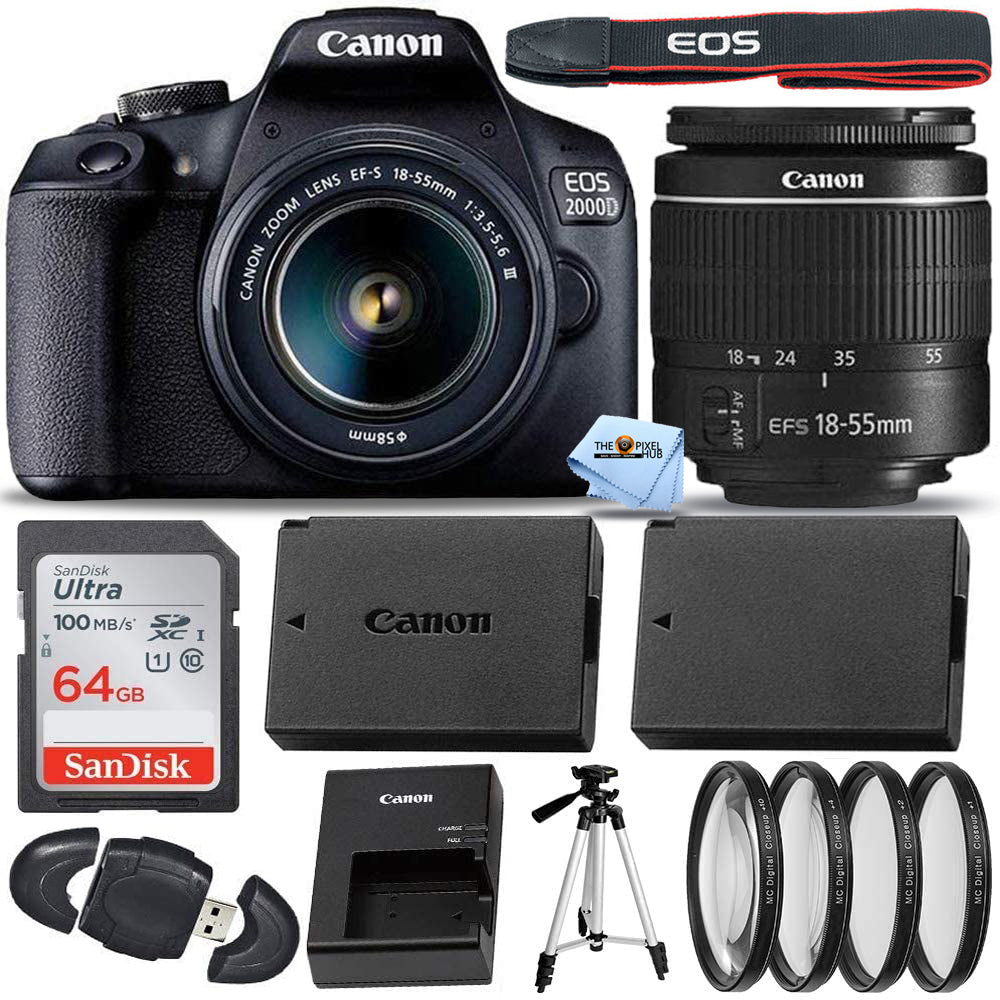 Canon EOS 2000D / Rebel T7 with EF-S 18-55mm III Lens + 64GB + EXT BATT Bundle