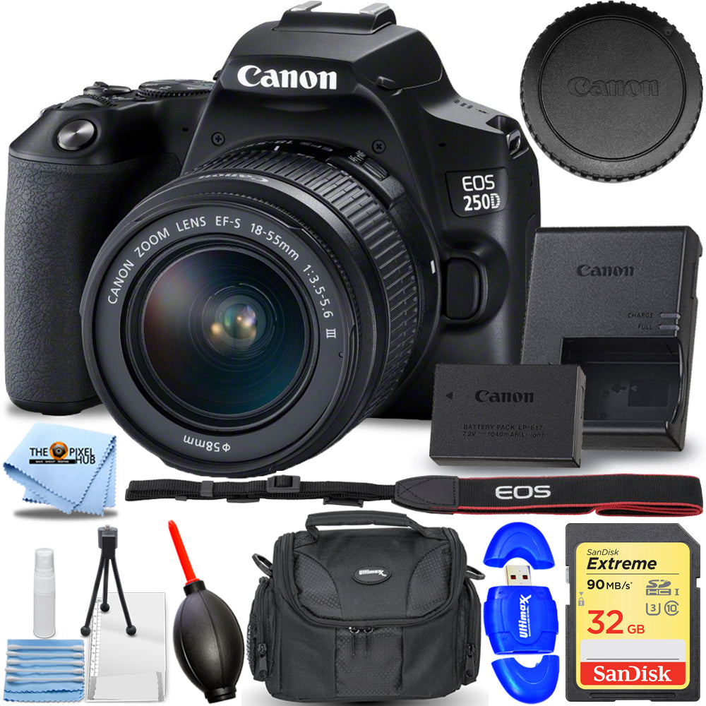 Canon EOS 250D / Rebel SL3 DSLR mit 18-55 mm (Schwarz) – Essential 32 GB Bundle