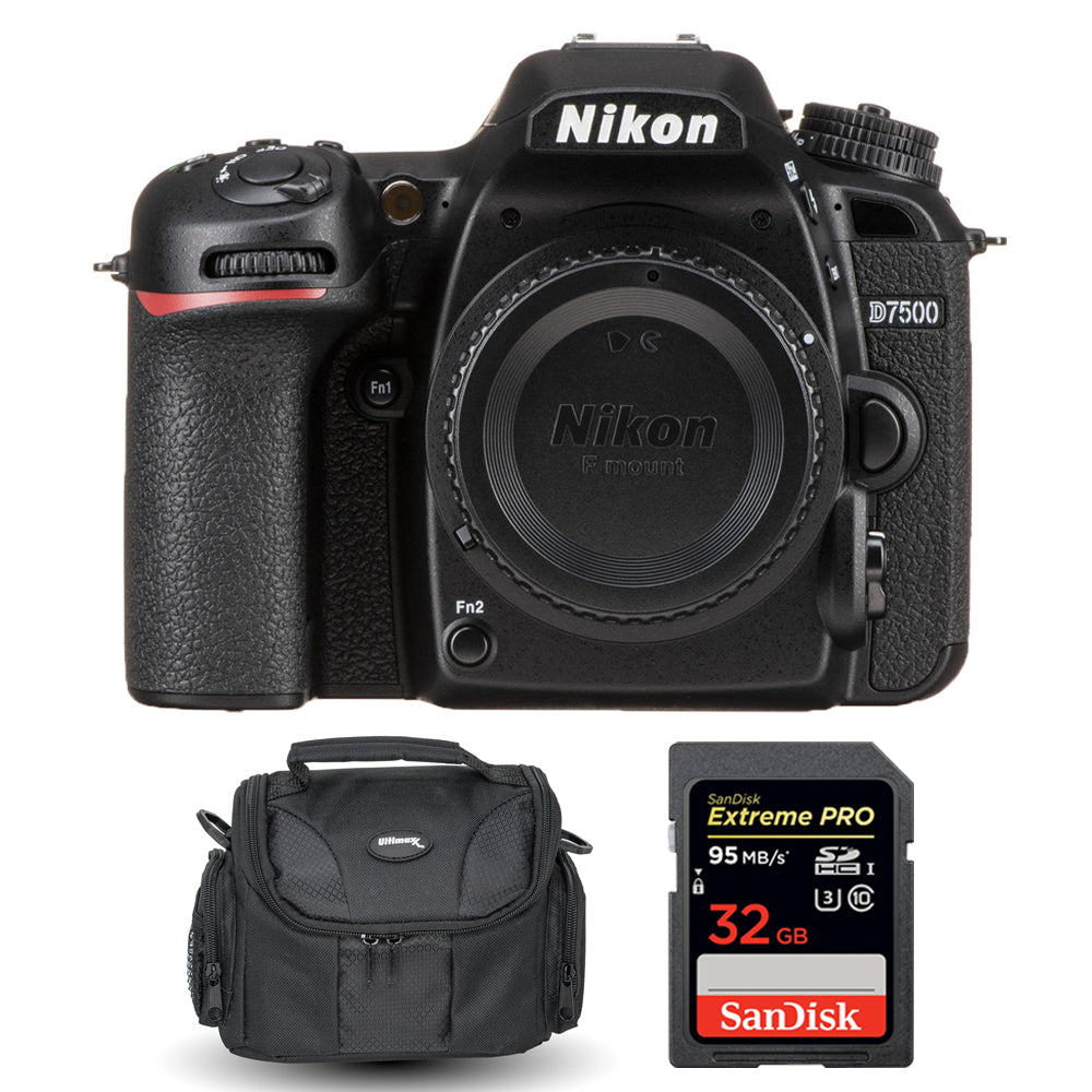 Nikon D7500 4K-Kamera (nur Gehäuse) 1581 + SanDisk Extreme Pro 32 GB SD und Tasche