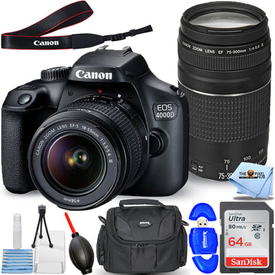 Canon EOS 4000D / Rebel T100 mit 18-55 mm III + 75-300 mm Objektiven – 64 GB Paket