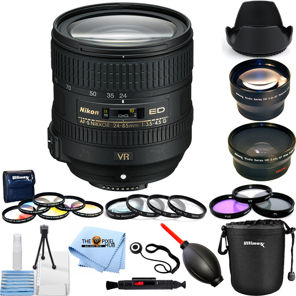 Nikon AF-S NIKKOR 24-85mm f/3.5-4.5G ED VR Lens + Filter Kit + Lens Pouch Bundle