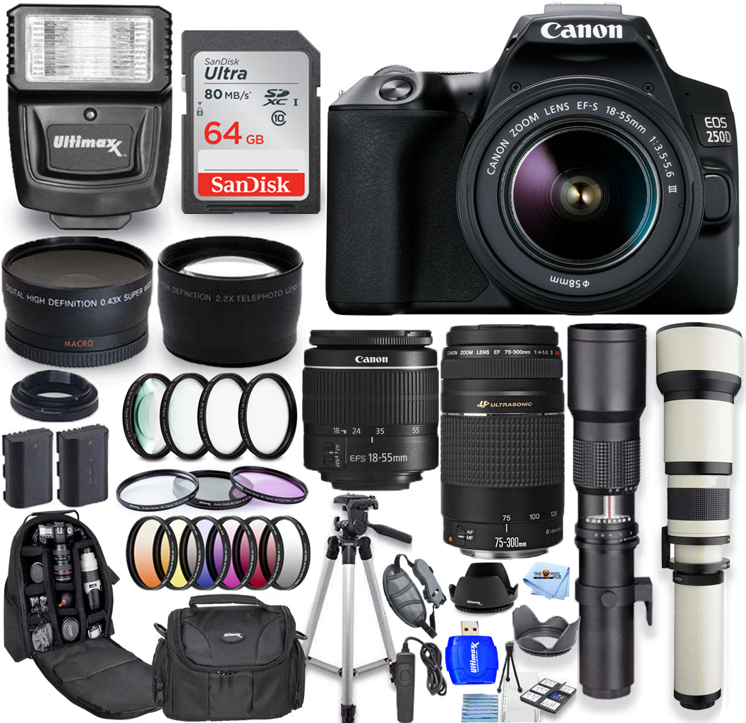 Canon EOS 250D/Rebel SL3 18-55 mm + 75-300 mm + 500 mm + 650-1300 mm 64 GB-Paket