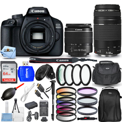 Canon EOS 4000D / Rebel T100 4 Objektive 18-55 mm + 75-300 mm + 64 GB Top Value Bundle