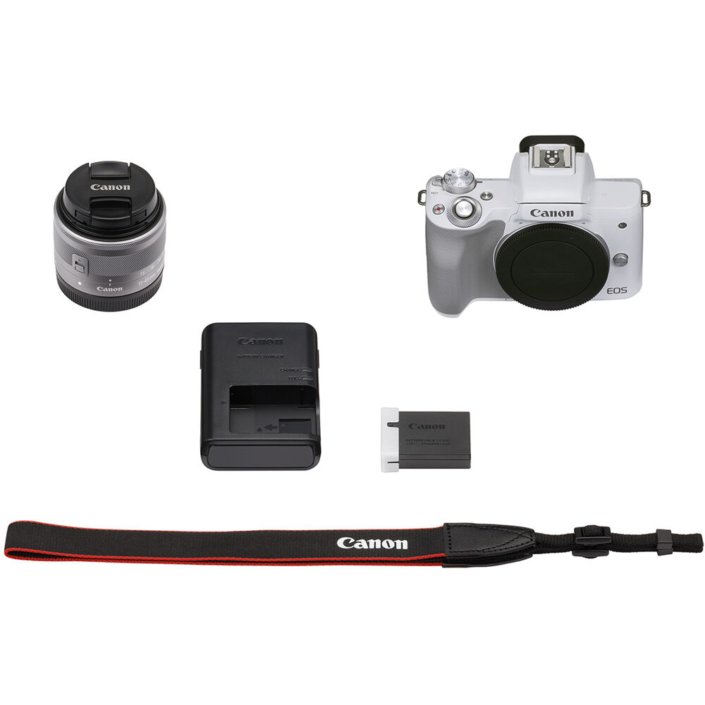 Canon EOS M50 Mark II Mirrorless Camera with 15-45mm Lens (White) - 18PC Bundle