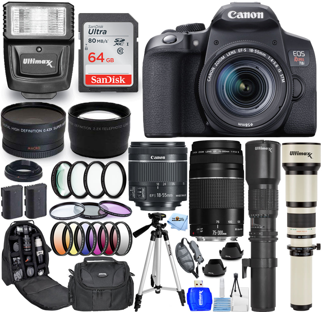 Canon EOS Rebel T8i mit 18-55 mm, 75-300 mm, 500 mm, 650-1300 mm – Top-Value-Paket