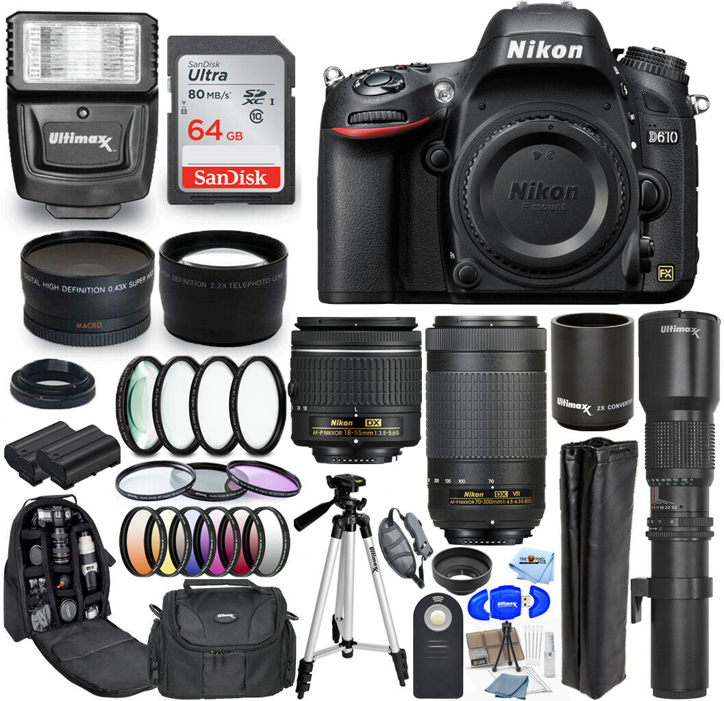 Nikon D610 Camera with 18-55mm + 70-300mm + 500mm Lenses - 30PC Accessory Bundle