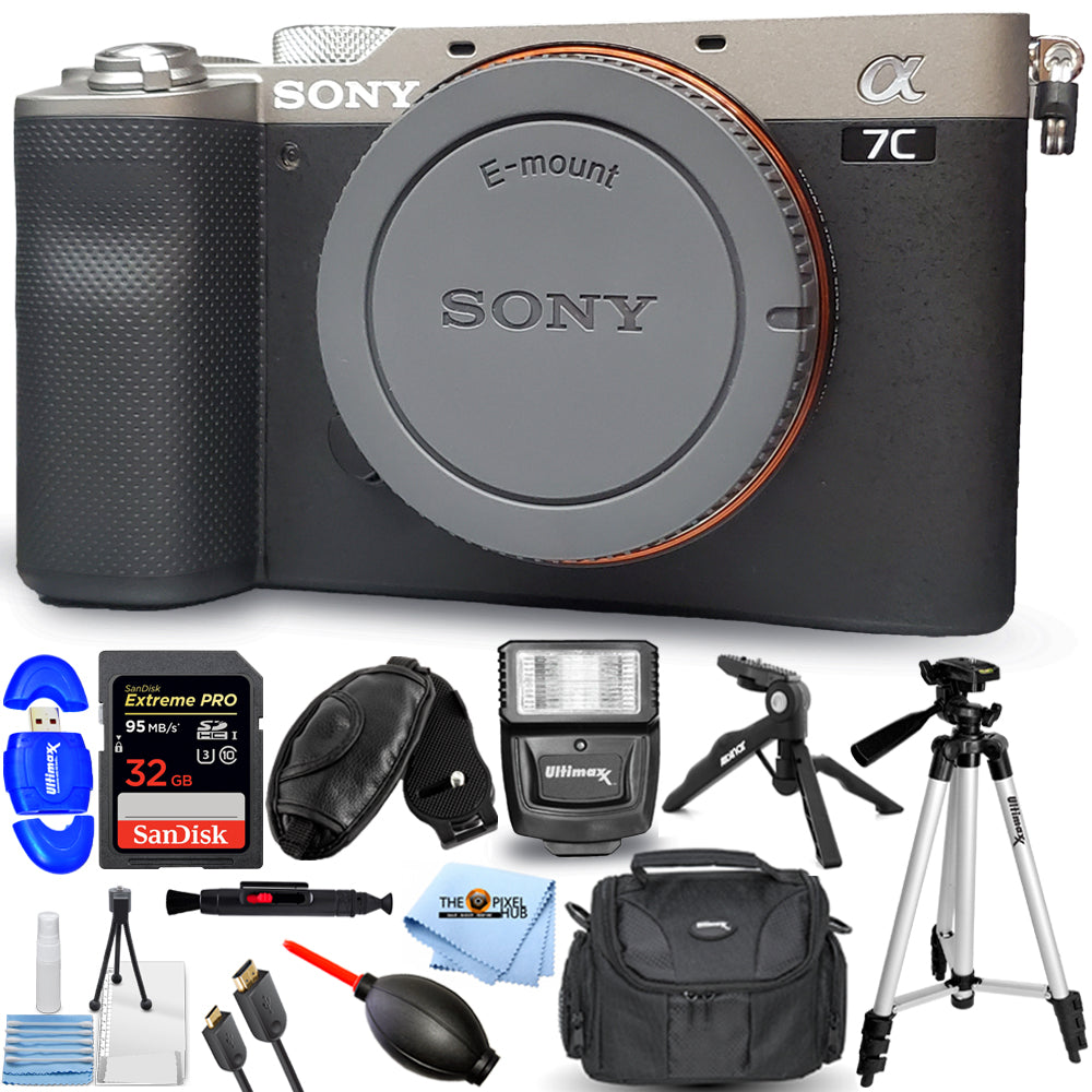 Spiegellose Digitalkamera Sony Alpha a7C (Gehäuse, Silber) + 32 GB + Blitzlicht-Paket