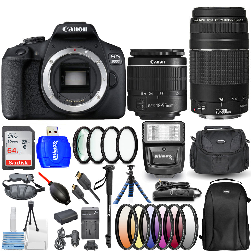 Canon EOS 2000D / Rebel T7 4 Objektive 18-55 mm + 75-300 mm + 64 GB Top Value Bundle