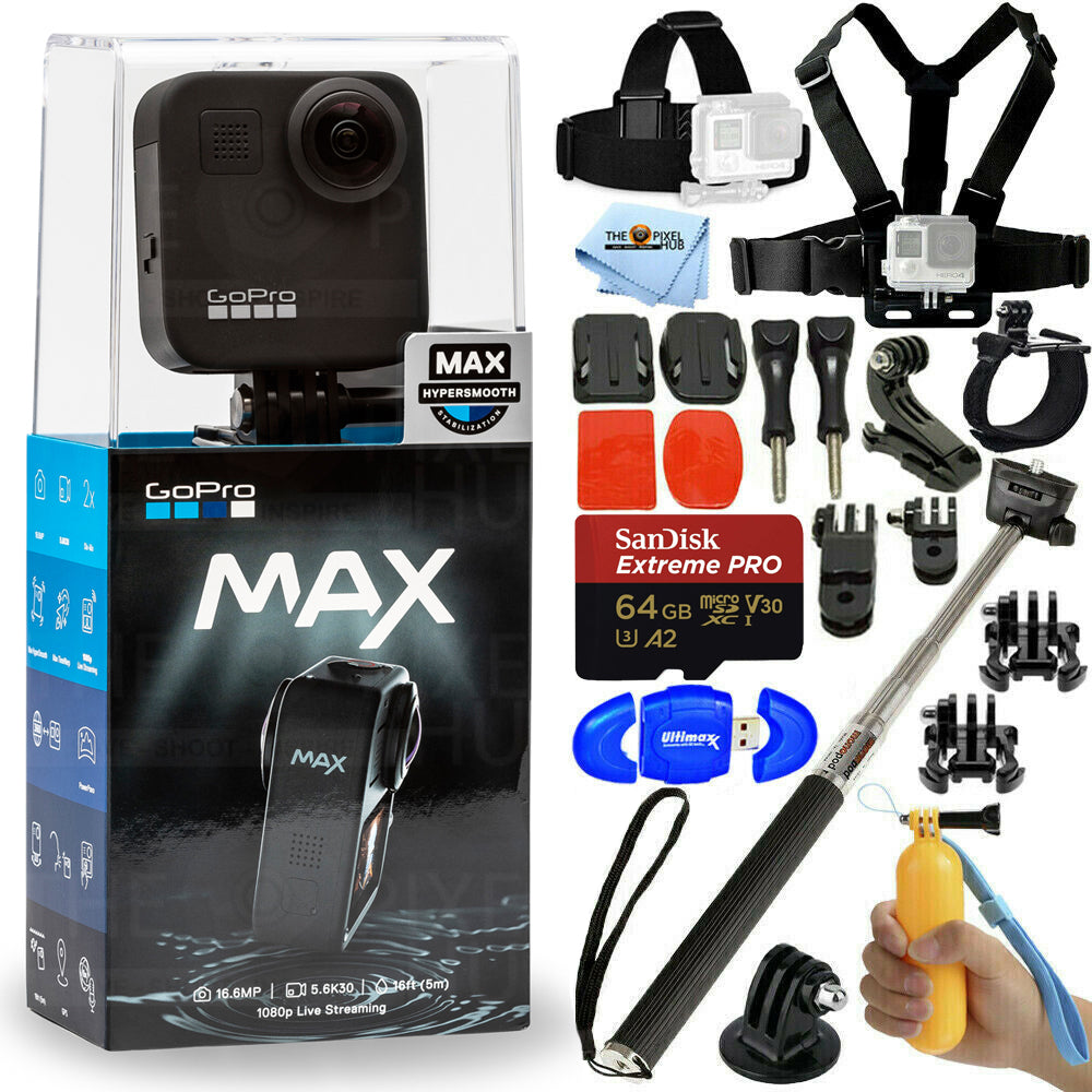 GoPro MAX 360 wasserdichte Action-Kamera + 64 GB + Brust- und Kopfgurt-Paket