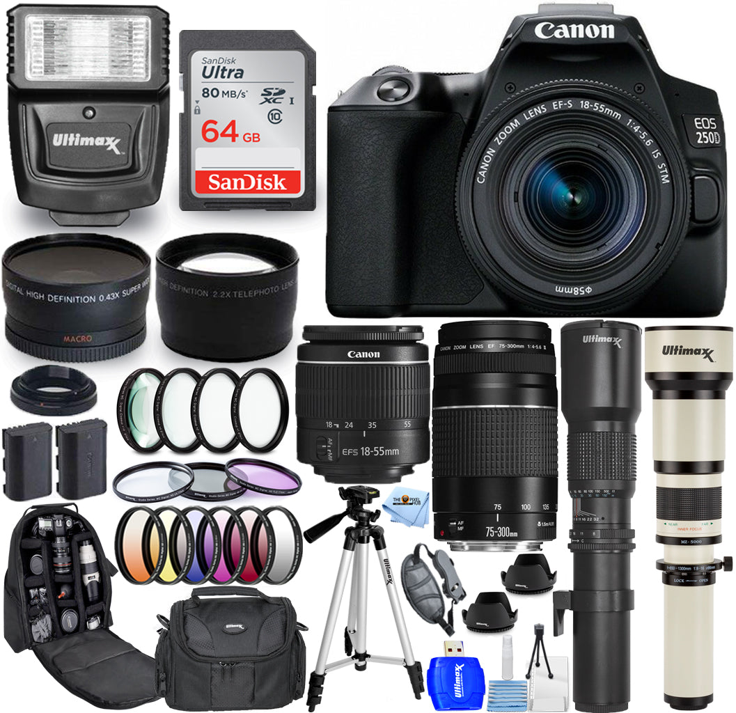 Canon EOS 250D / Rebel SL3 DSLR + 18-55 mm + 75-300 mm + 500 mm + 650-1300 mm Paket