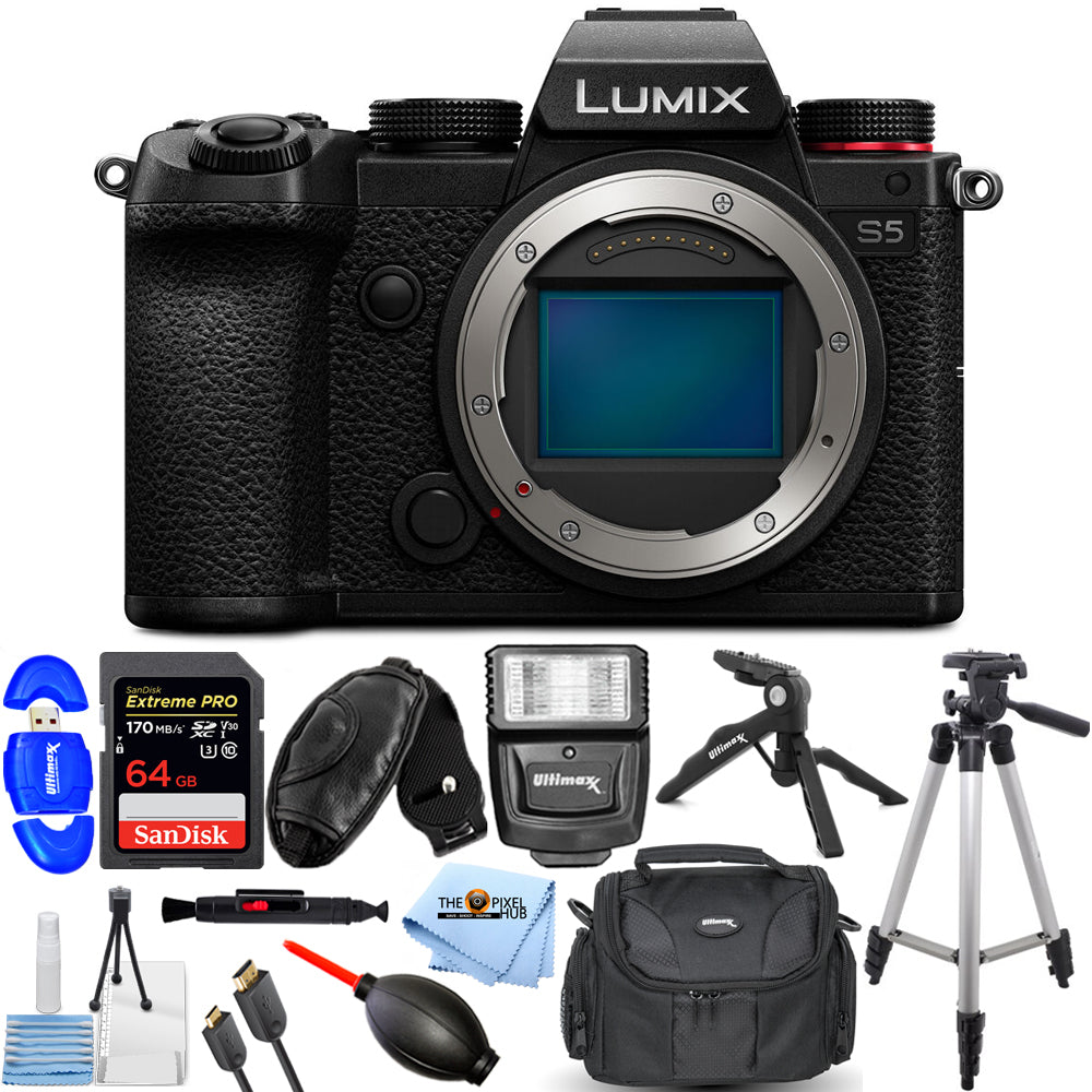 Panasonic Lumix DC-S5 spiegellose Digitalkamera (Gehäuse) + 64 GB + Blitzlicht-Paket