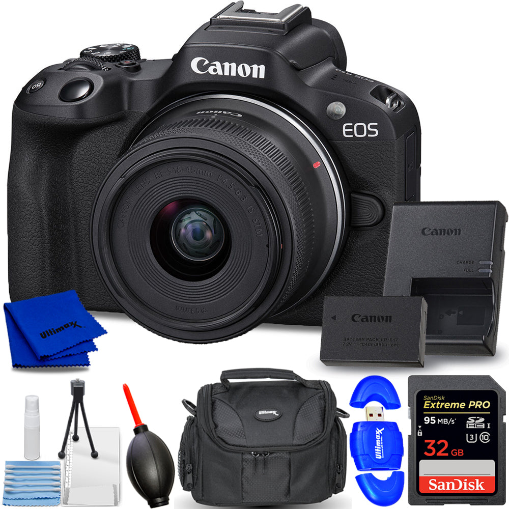 Canon EOS R50 Mirrorless Camera with 18-45mm Lens (Black) 5811C012 - 7PC Bundle