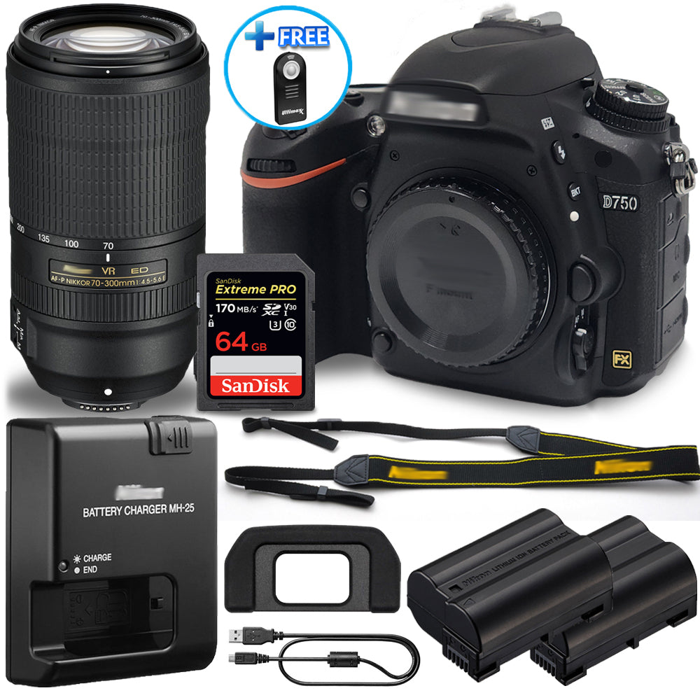 Nikon D750 DSLR mit 18–55 mm + 70–300 mm ED VR-Objektiv + 64 GB + EXT BATT-Paket