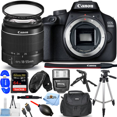 Canon EOS 3000D / T100 DSLR with 18-55mm III Lens + 64GB + Flash + Tripod Bundle