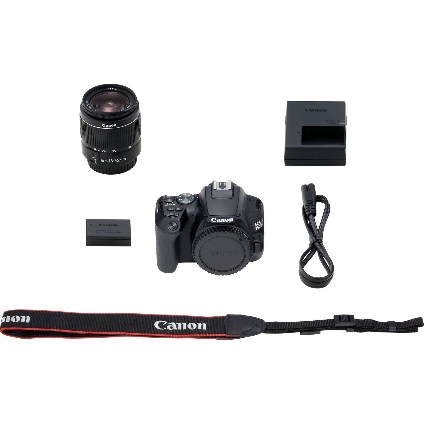 Canon EOS 250D / Rebel SL3 mit 18-55 mm III-Objektiv + 64 GB + LED-Beleuchtungsset-Paket