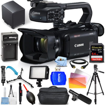 Canon XA40 Professional UHD 4K Camcorder PAL + 64GB + LED Light + Tripod Bundle