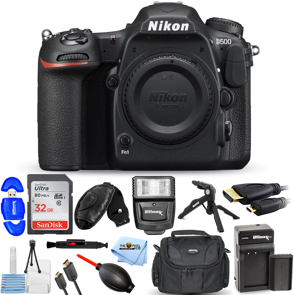 Nikon D500 DSLR Camera (Body Only) 1559 + EXT BATT + 64GB + Flash Bundle