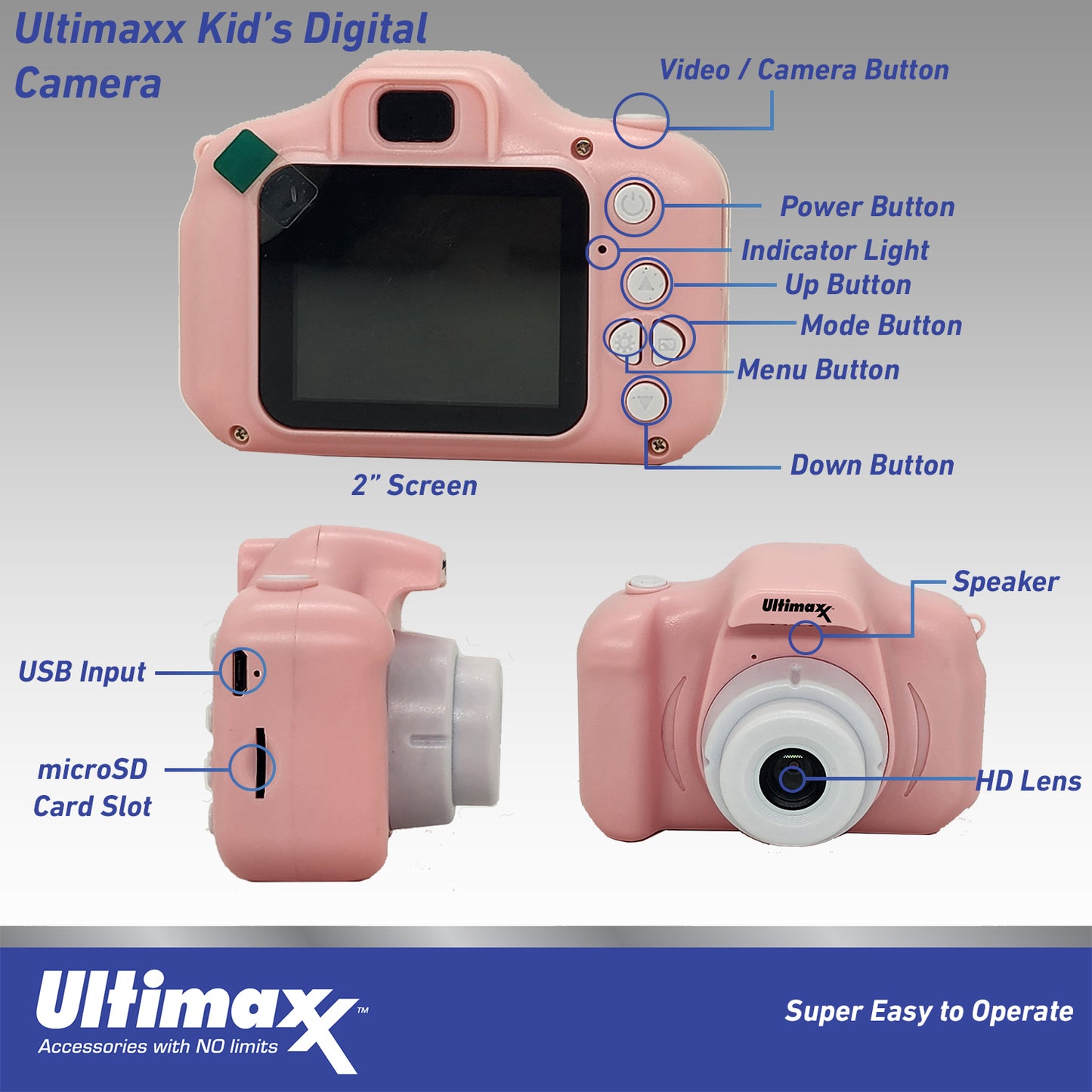 Ultimaxx Digital Video Recorder Camera (Pink) Kids Teens ages 8-12 Beginners with Games 32GB Micro SD Holiday Christmas Gift