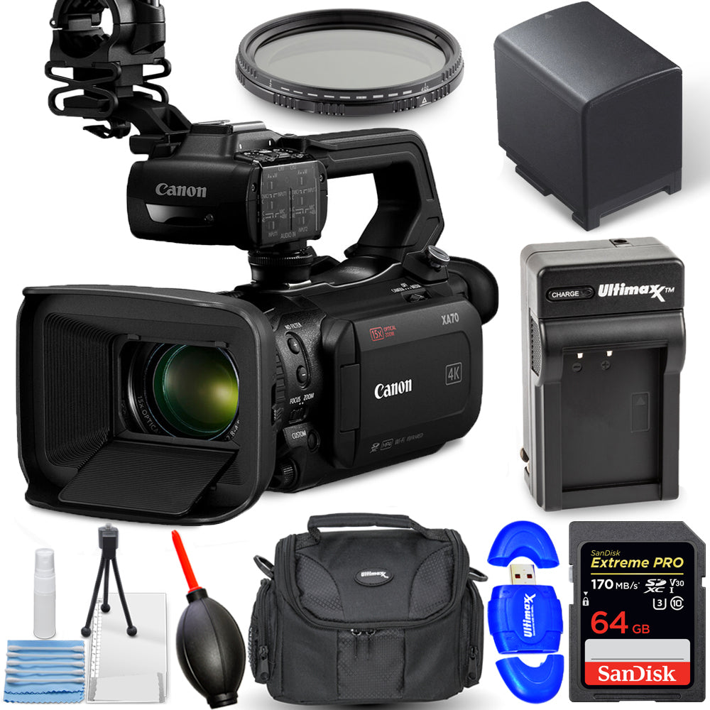 Canon XA70 UHD 4K30 Camcorder with Dual-Pixel Autofocus PAL - Accessory Bundle