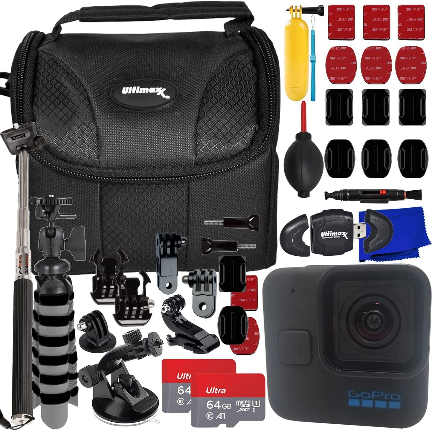 GoPro HERO11 Black Mini Hero 11 Mega Zubehör-Kit mit Einbeinstativ, 64 GB-Paket