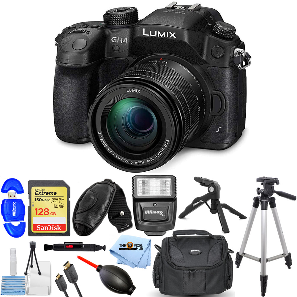 Panasonic Lumix DMC-GH4 mit 12–60 mm f/3,5–5,6 ASPH-Objektiv – 12-teiliges Zubehörpaket