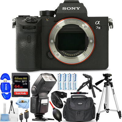 Sony Alpha a7 III spiegellose Digitalkamera (Gehäuse) + 64 GB + Blitz + Tasche im Paket