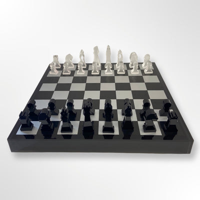 Lucite Acryl Schach + Dame Premium Set - Groß 17,5" (Schwarz/Silber)
