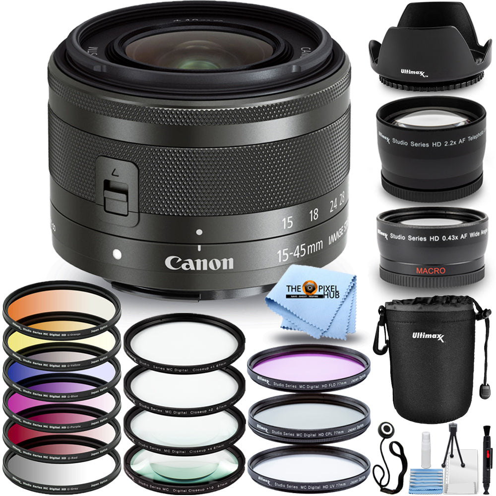 Canon EF-M 15-45mm IS STM Lens (Graphite) + Filter Kit Bundle - White Box