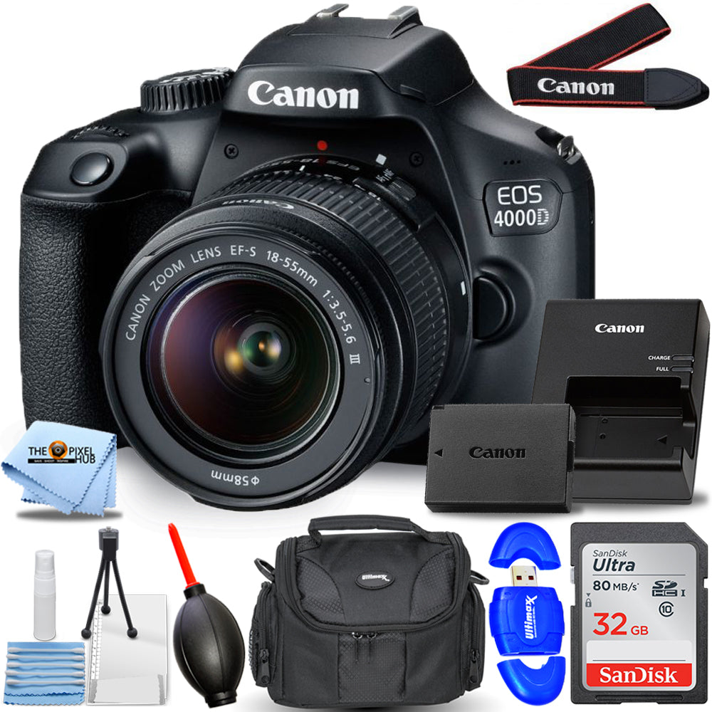 Canon EOS 4000D / Rebel T100 mit EF-S 18-55 mm III-Objektiv – Essential 32 GB-Paket