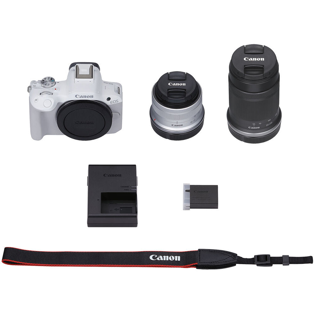 Spiegellose Kamera Canon EOS R50 mit 18–45 mm und 55–210 mm Objektiven (weiß)