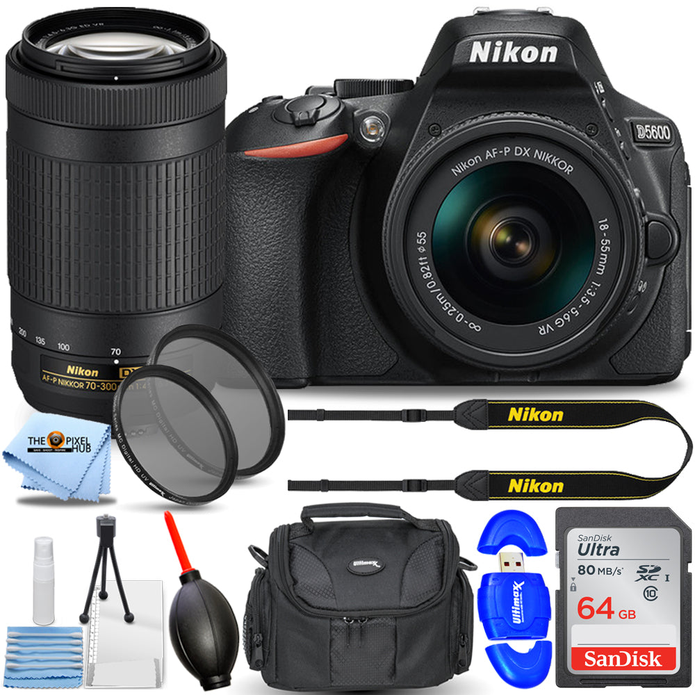 Nikon D5600 DSLR-Kamera mit 18–55 mm und 70–300 mm VR – Essential 64 GB-Paket