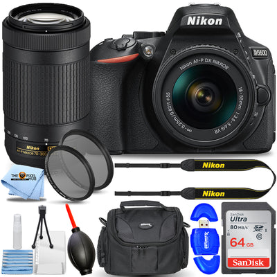 Nikon D5600 DSLR-Kamera mit 18–55 mm und 70–300 mm VR – Essential 64 GB-Paket