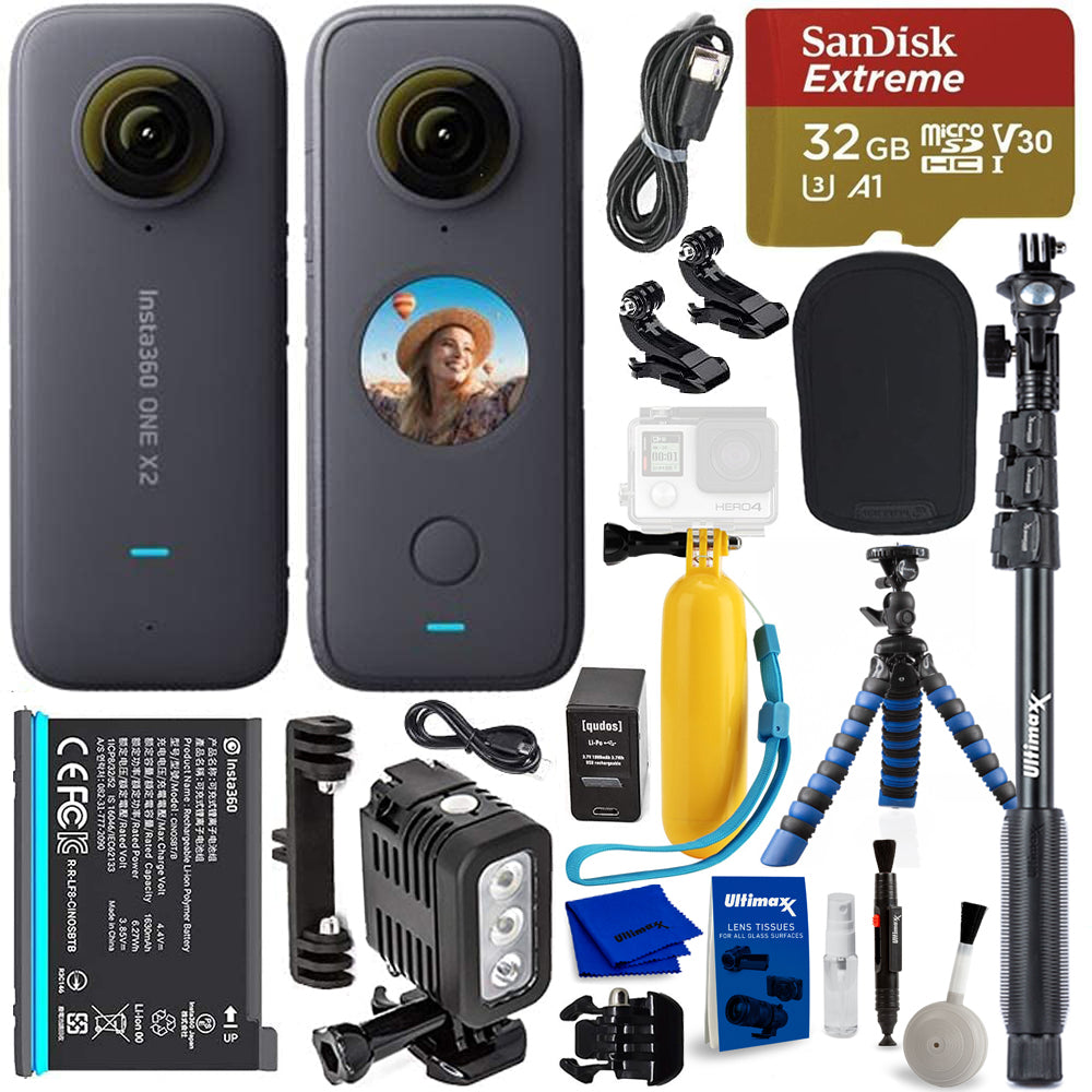 Insta360 ONE X2 Pocket Camera CINOSXX/A + 32GB + 3-Way Tripod + LED Light Bundle