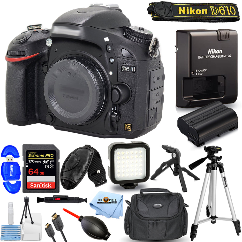 Nikon D610 DSLR-Kamera (nur Gehäuse) 1540 + 64 GB + LED-Beleuchtungsset + Stativpaket